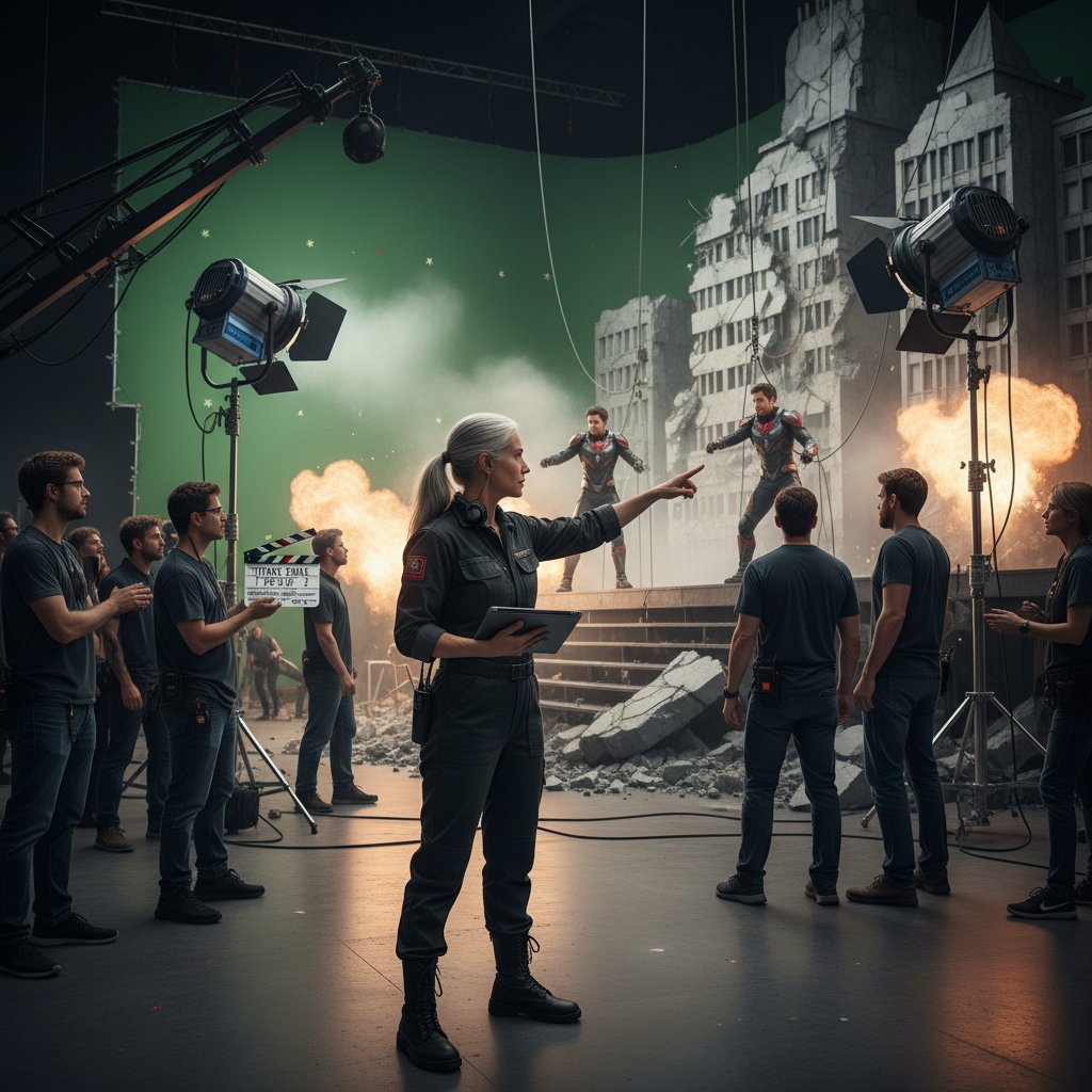Female director commanding a superhero film set, crew in motion, capturing the leadership and vision of Patty Jenkins on Wonder Woman