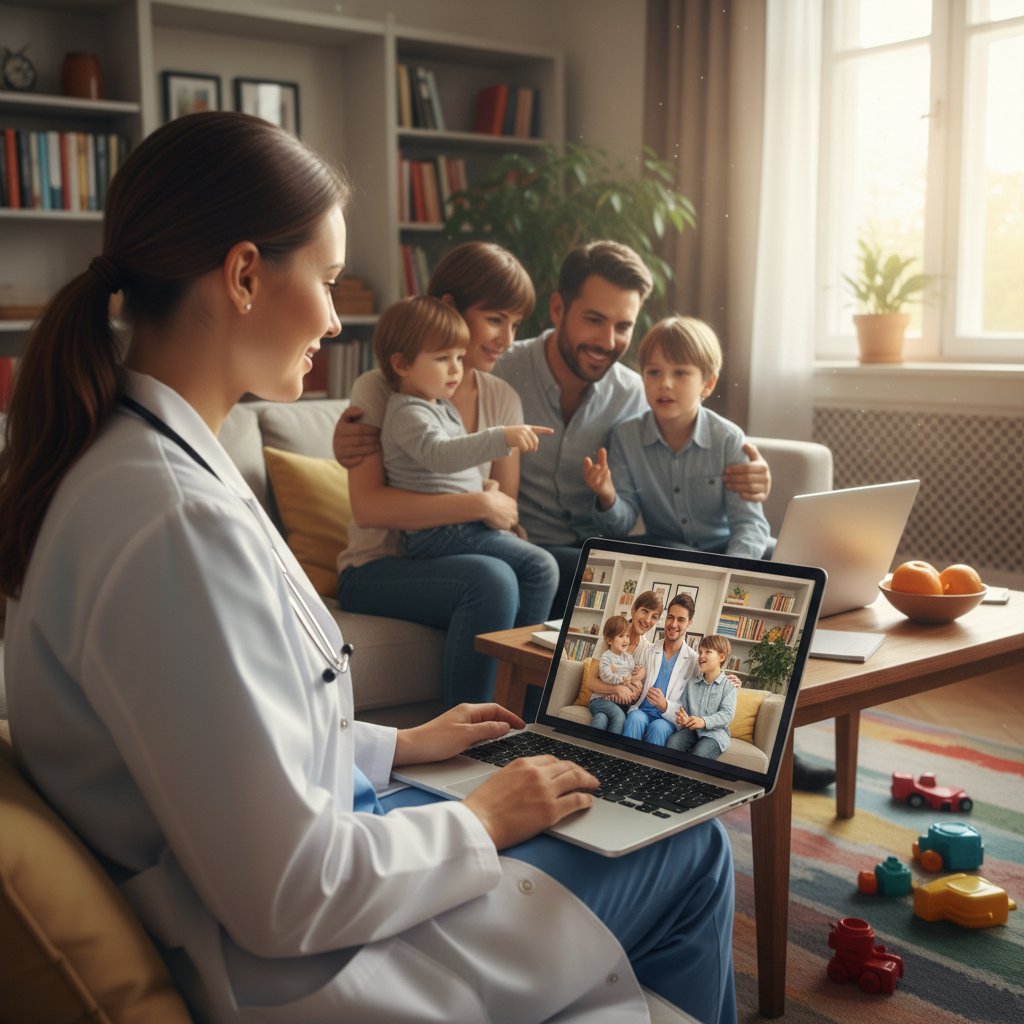 Lekarka konsultująca online z rodziną z dzieckiem, scena domowa, słowa kluczowe: konsultacja online, teleporada, rodzina, porada lekarska bez wychodzenia z domu