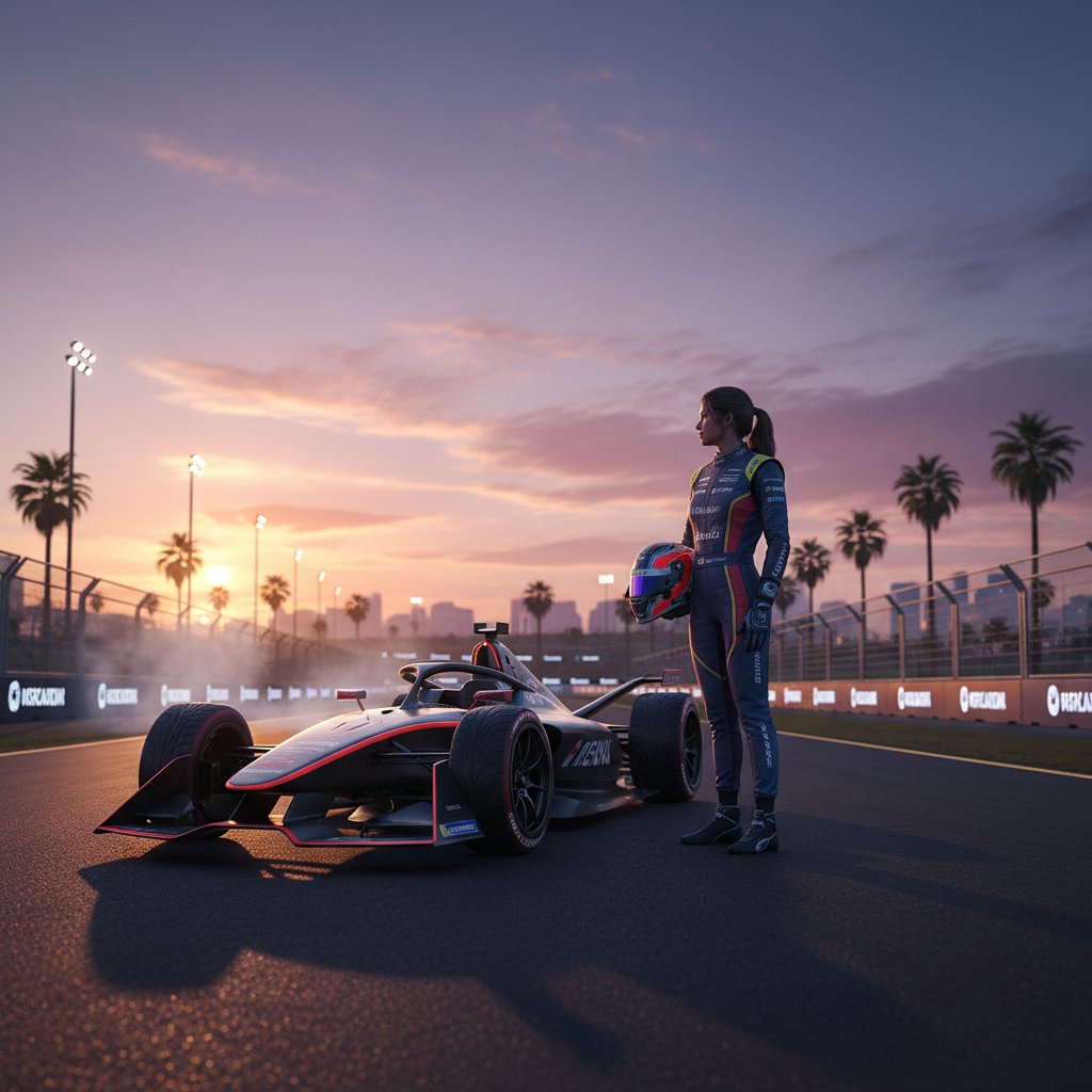 Solitary female driver in racing suit, helmet under arm, dusk-lit racetrack, racing movies diversity