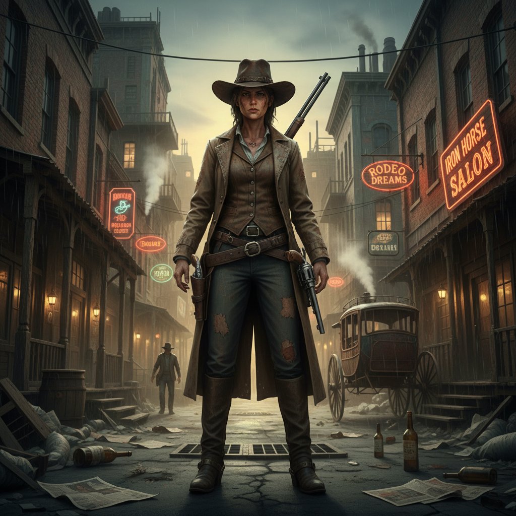 Neo-Western heroine in a modern setting, gritty urban western scene with a female gunslinger