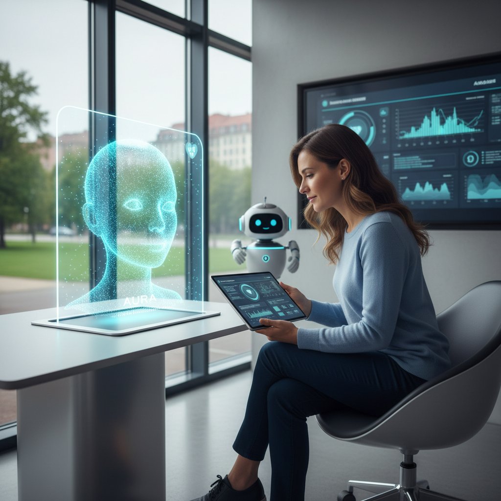 Pacjentka konsultująca dane zdrowotne z wirtualnym asystentem AI