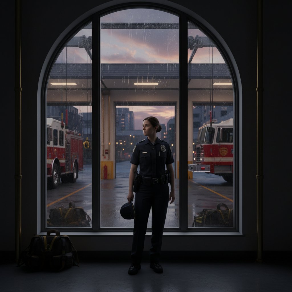 Zdjęcie kobiety-funkcjonariuszki samotnie patrzącej przez okno remizy – symbol bezradności i potrzeby wsparcia psychologicznego