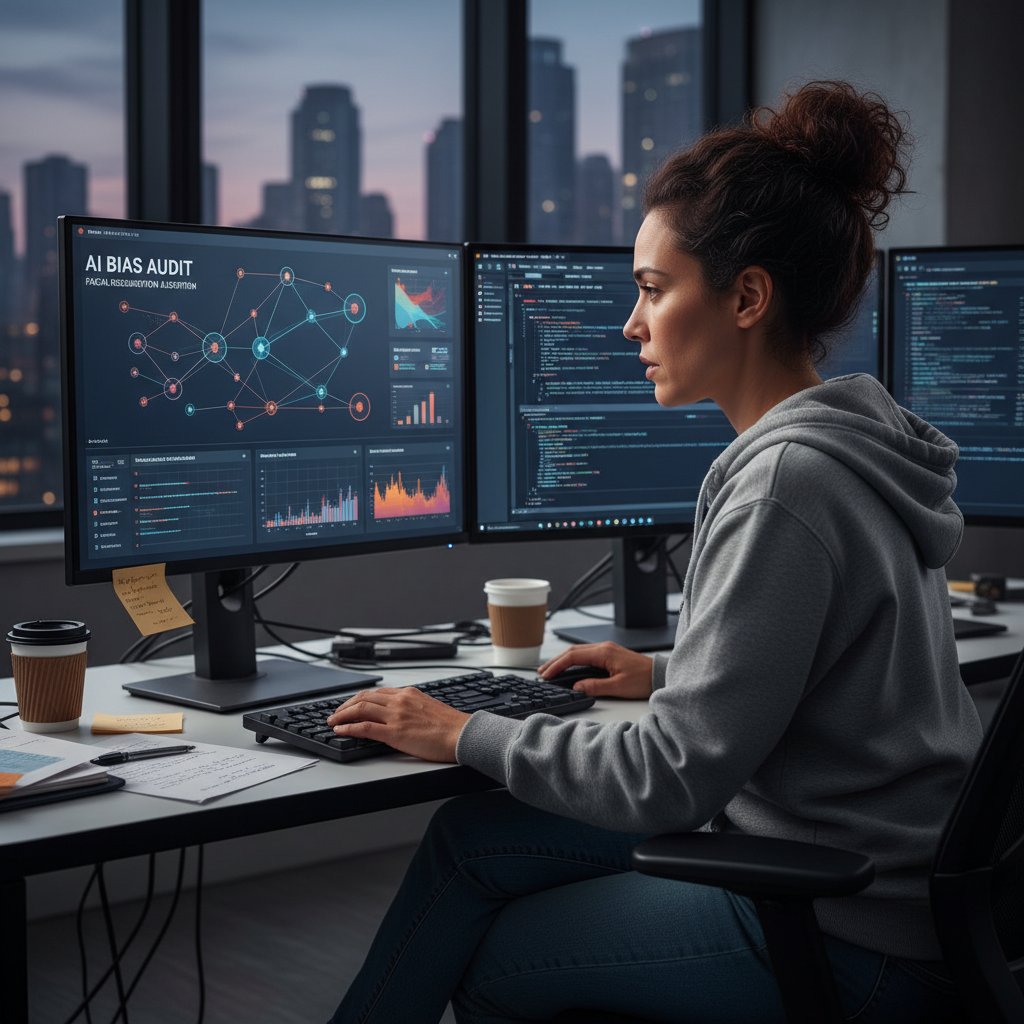 Programistka analizująca wyniki działania algorytmu AI na ekranie – refleksja nad obiektywnością systemów