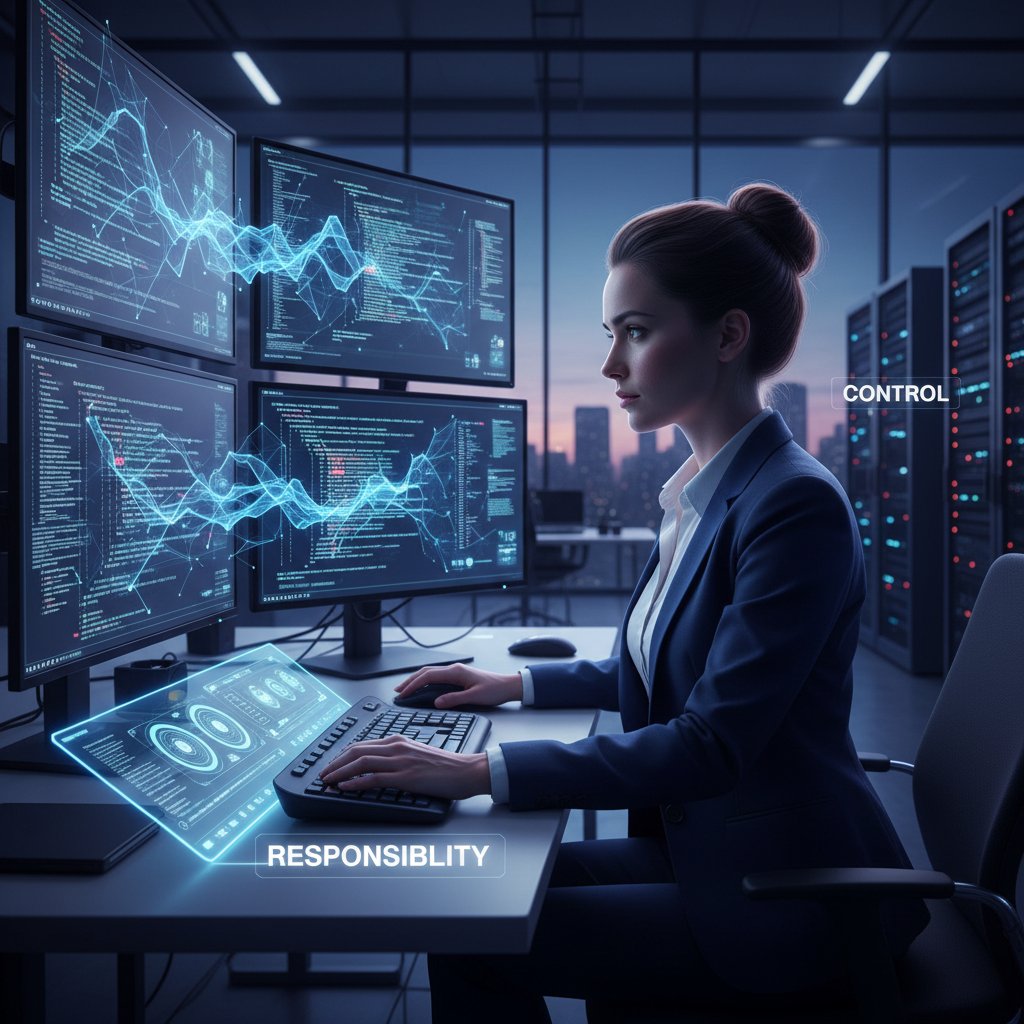 Programistka analizująca kod AI w biurze, symbol algorytmicznej odpowiedzialności i kontroli
