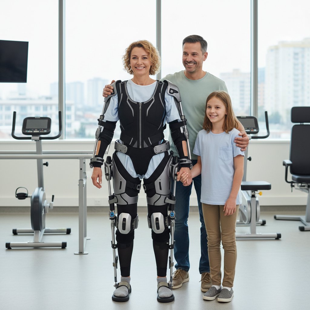 Pacjentka po udarze wykonuje pierwszy krok w egzoszkielecie, uśmiech na twarzy, wsparcie rodziny