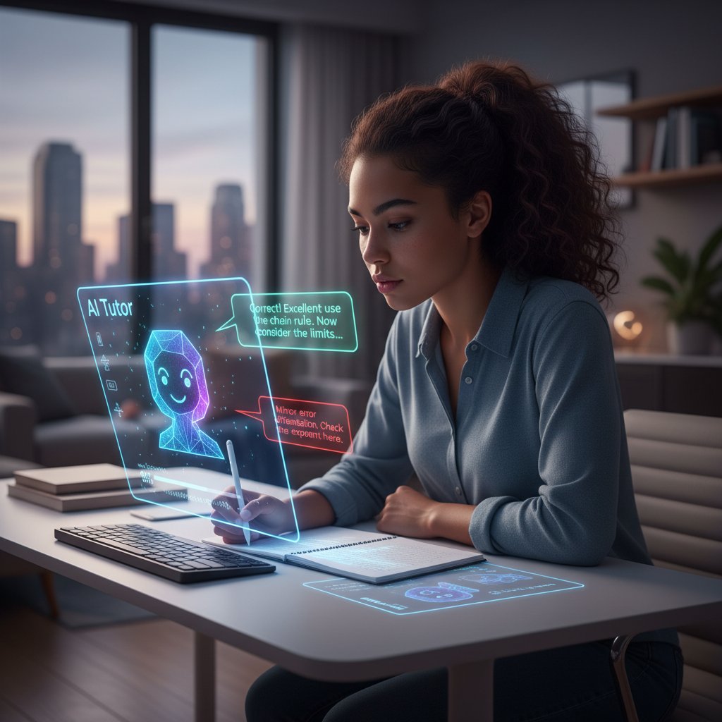 Schülerin erhält von einem digitalen KI-Tutor auf dem Bildschirm Feedback zu einer Mathematikaufgabe