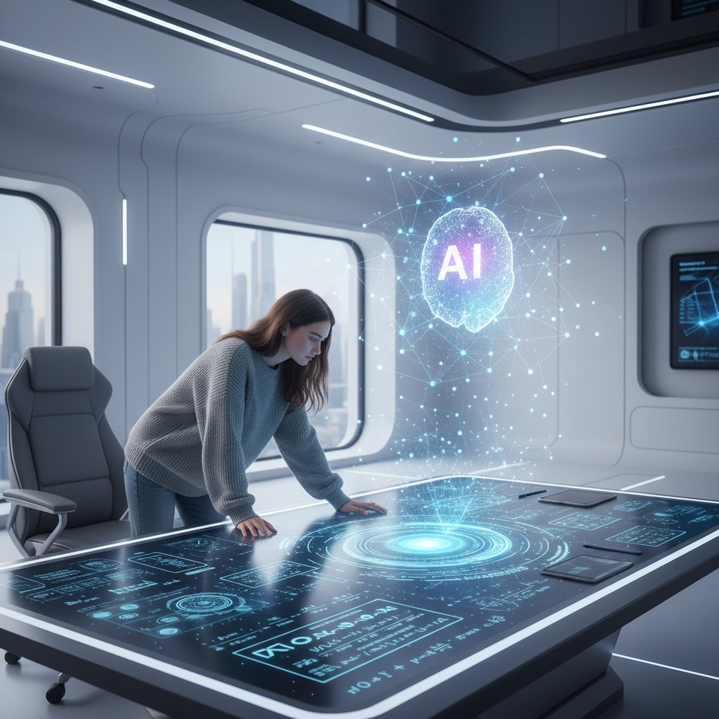 Uczennica analizuje zadanie fizyczne na ekranie, obok wyświetlona ikona AI, nowoczesny pokój