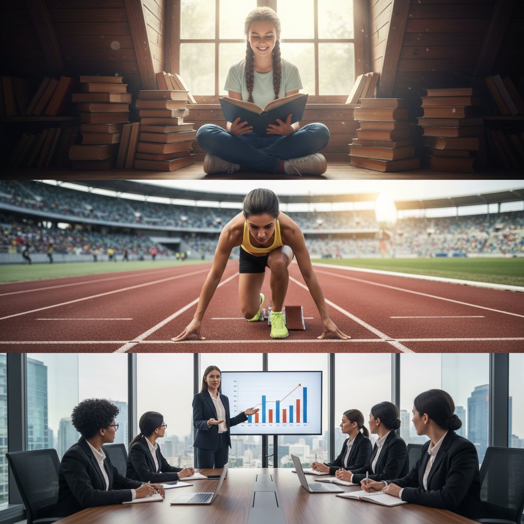 Zdjęcie trzech osób w różnych kontekstach: młoda studentka z książkami, sportowiec na linii startu, menedżerka z laptopem przed salą konferencyjną