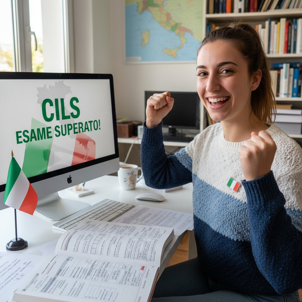Studentka świętująca zdany egzamin CILS, komputer, włoska flaga w tle, radość sukcesu