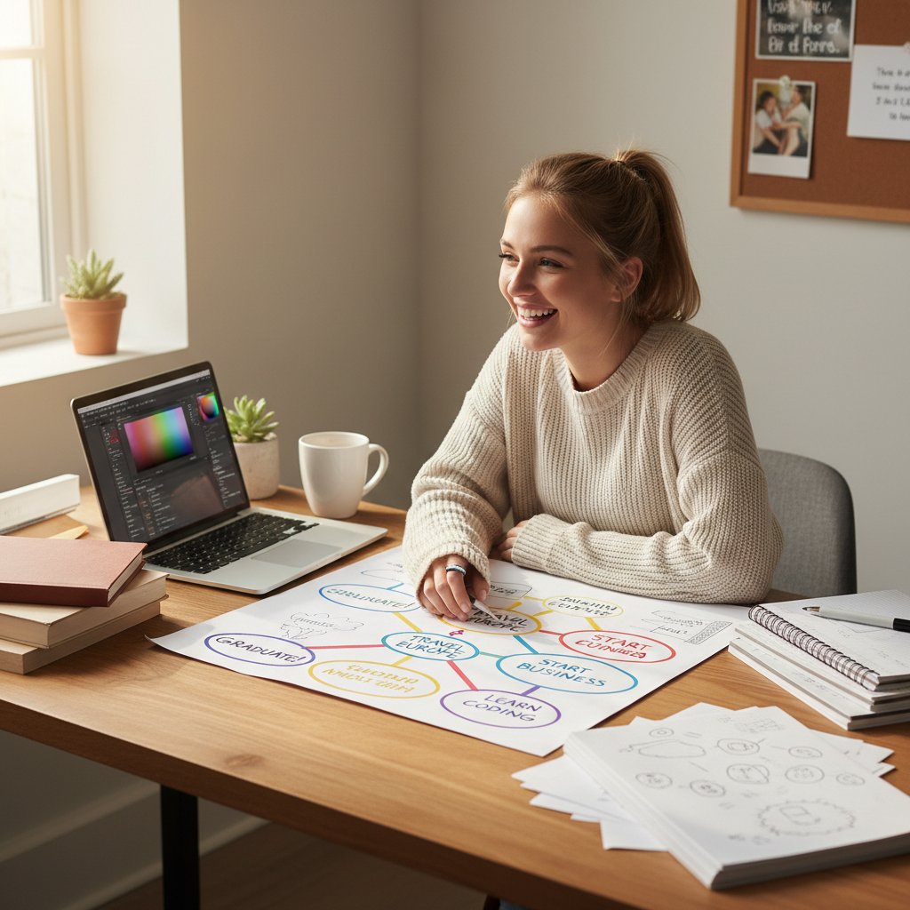 Studentka siedząca z uśmiechem przy biurku, wokół notatki i laptop, na ścianie kolorowa mapa celów