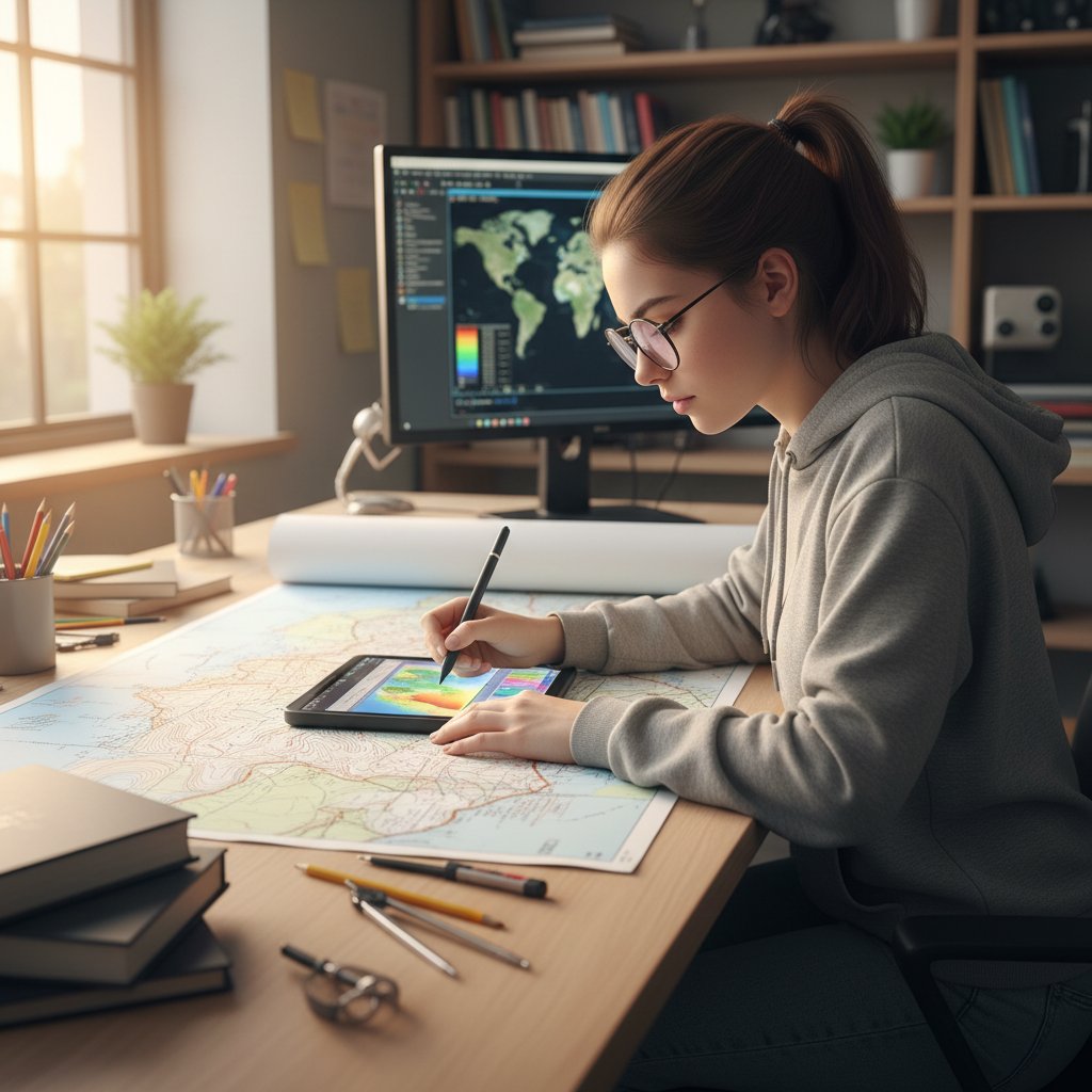 Uczennica rysująca mapę ręcznie, obok ekran komputera z otwartym narzędziem GIS, koncentracja