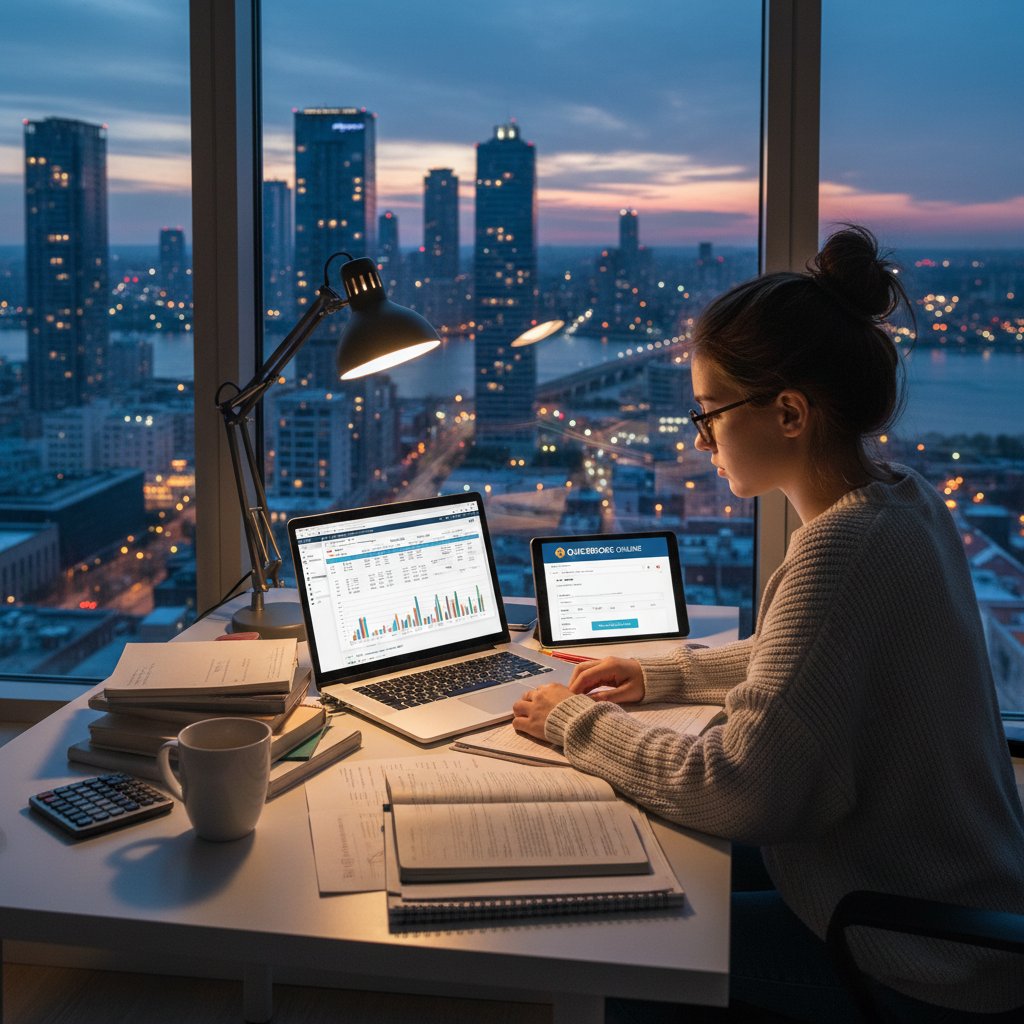Marta pracująca wieczorem przy komputerze nad zadaniami rachunkowymi online, widok na miasto z okna