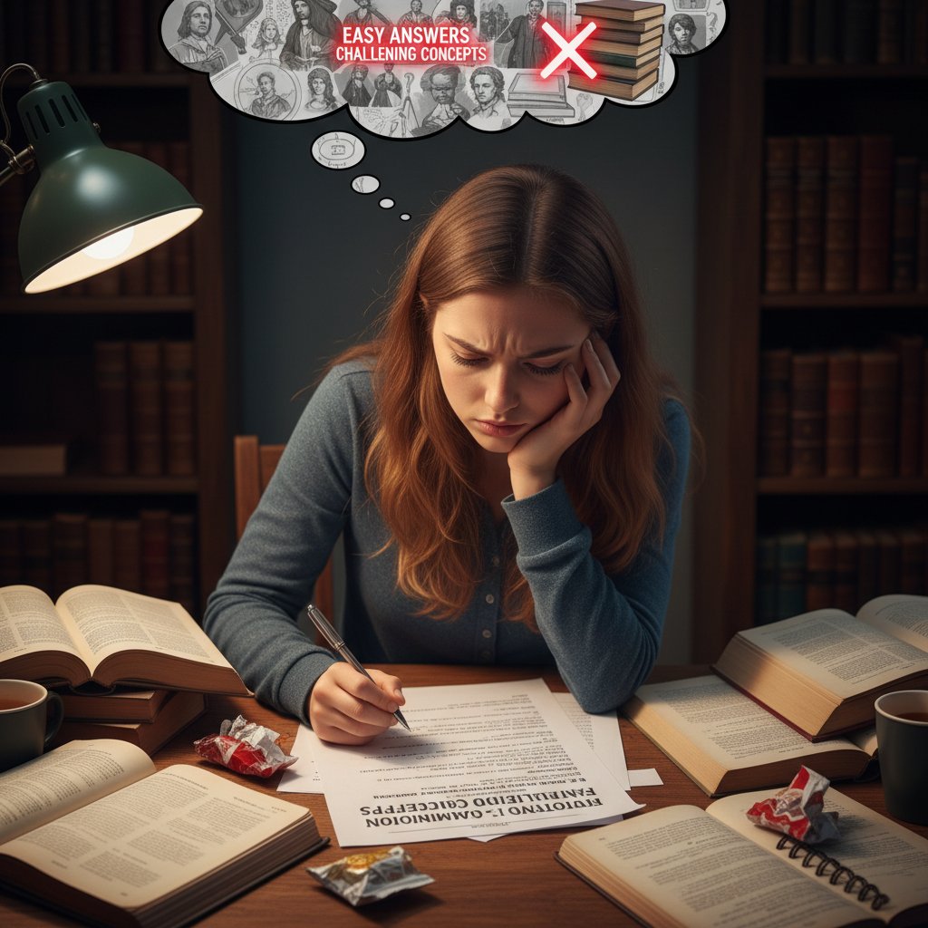 Uczennica rozwiązująca podchwytliwe zadania maturalne z historii przy biurku pełnym notatek