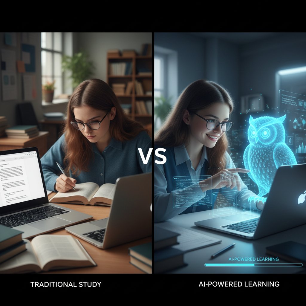 Uczennica rozmawiająca z laptopem, obok widać awatar AI na ekranie – symbol porównania korepetytora i sztucznej inteligencji