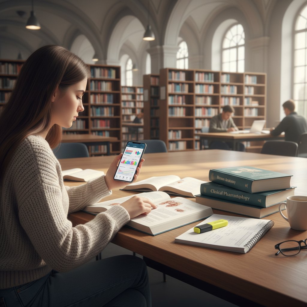 Studentka sprawdza objawy w aplikacji mobilnej, na stole leżą podręczniki medyczne, otoczenie: nowoczesna biblioteka