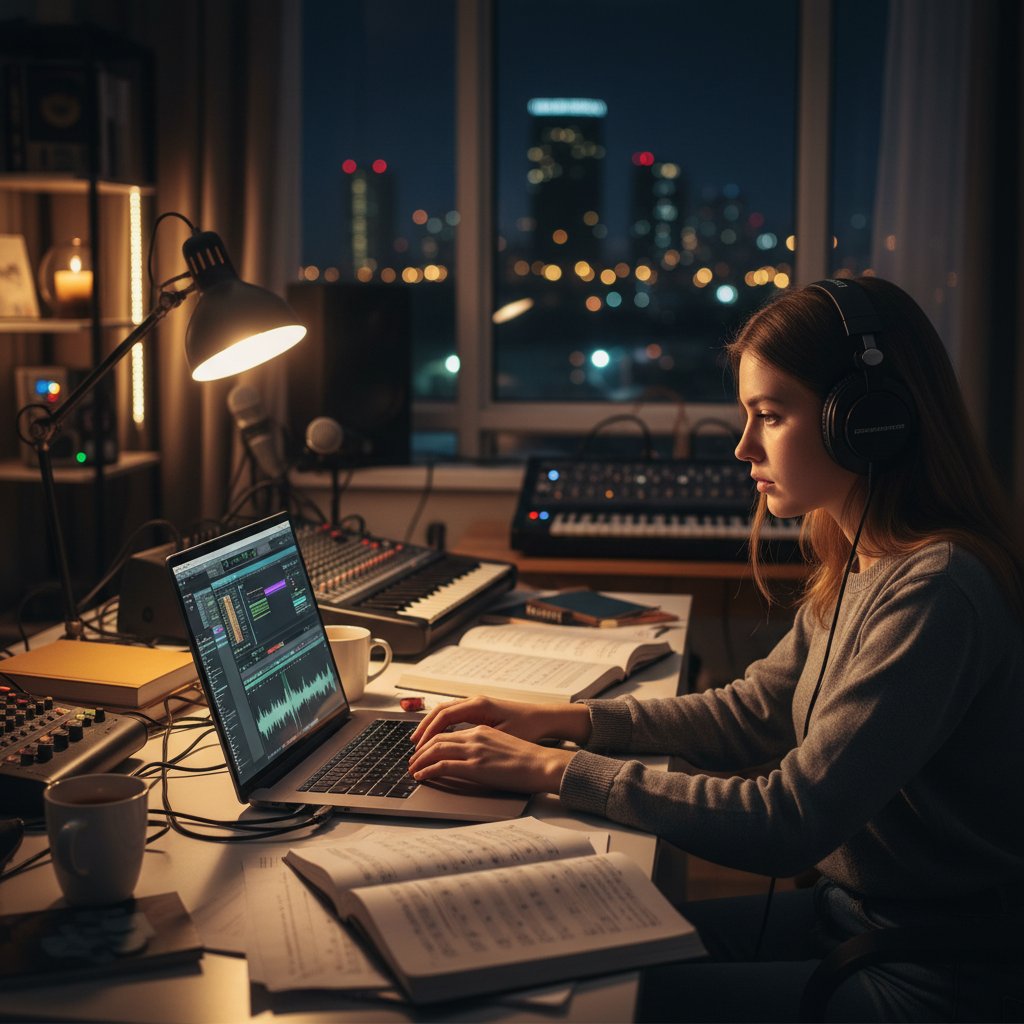 Studentka korzystająca z narzędzi analizy muzycznej online w domowym studio