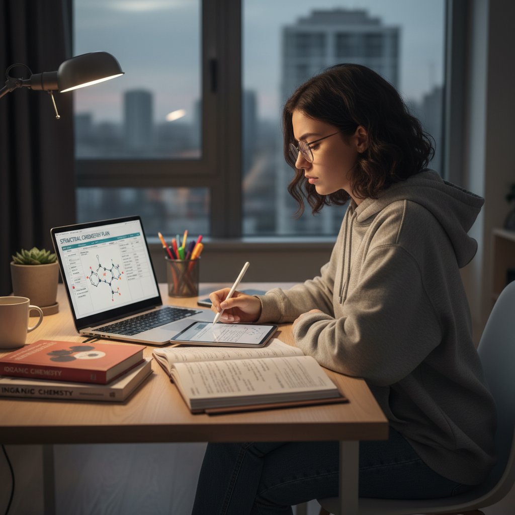Uczennica tworząca plan nauki chemii strukturalnej na laptopie, notatki, nowoczesne biurko, skupiona atmosfera
