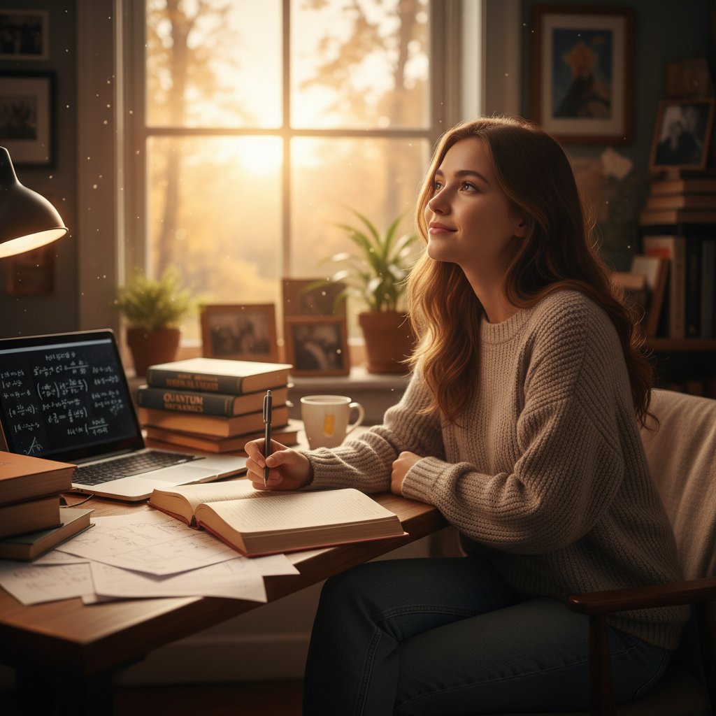 Uczennica samotnie ucząca się fizyki online w domowym zaciszu, z odrobiną nostalgii w spojrzeniu