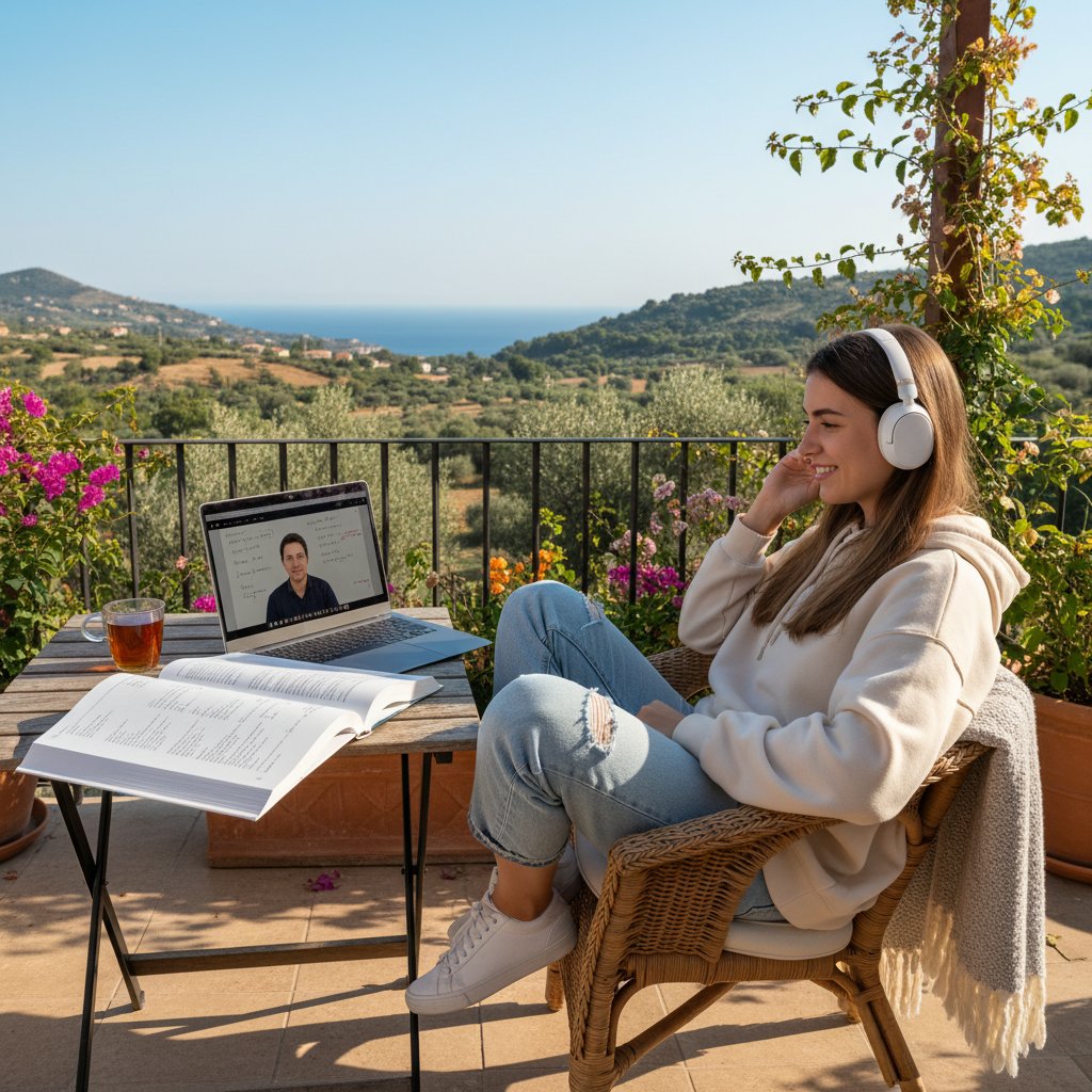 Studentka uczy się fizyki online na tarasie, relaks przy nauce, laptop i książka