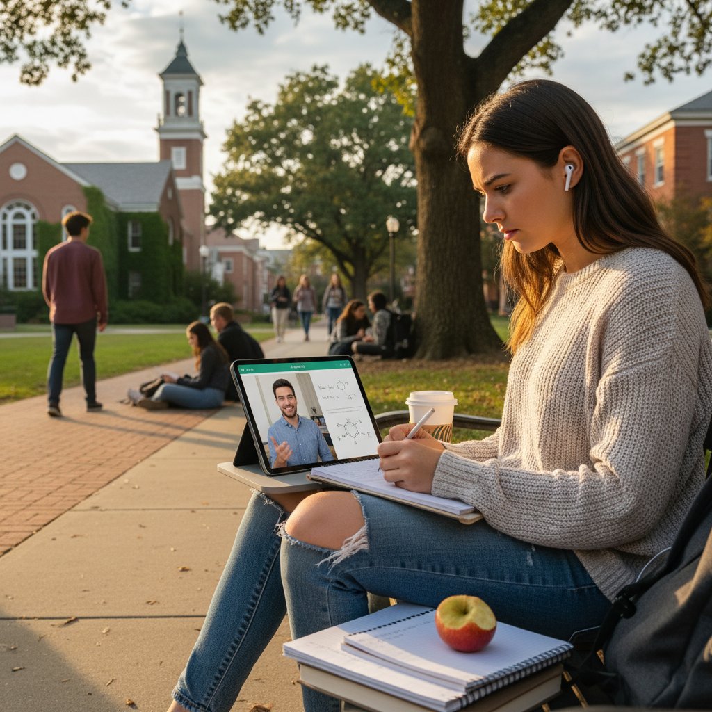 Studentka na uczelni korzystająca z korepetycji online podczas przygotowań do sesji