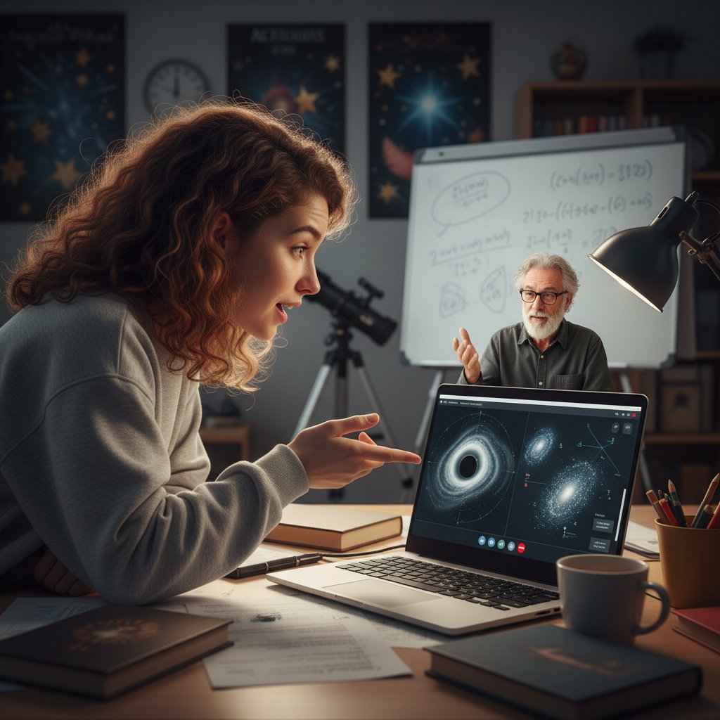 Uczennica rozmawia przez wideokonferencję z korepetytorem astrofizyki, dynamiczna interakcja