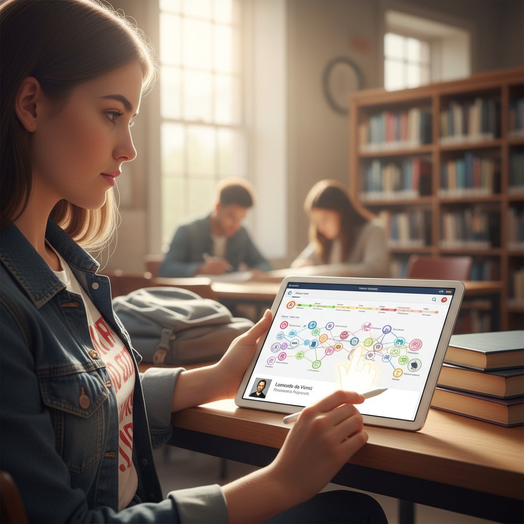 Uczennica korzystająca z aplikacji do tworzenia linii czasu historycznej na tablecie