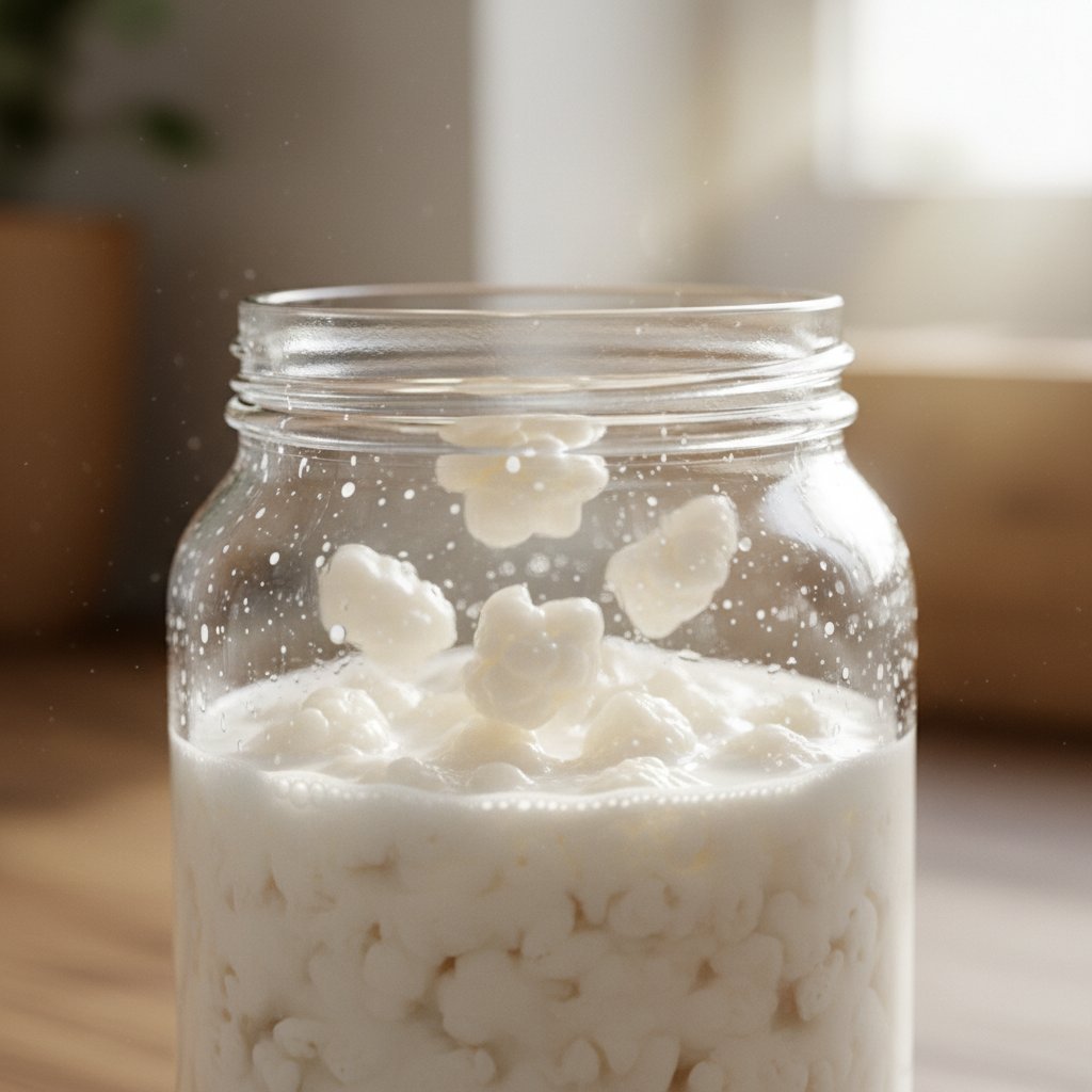 Zdjęcie procesu fermentacji kefiru w szklanym naczyniu, bąbelki gazu, zbliżenie na mikroorganizmy