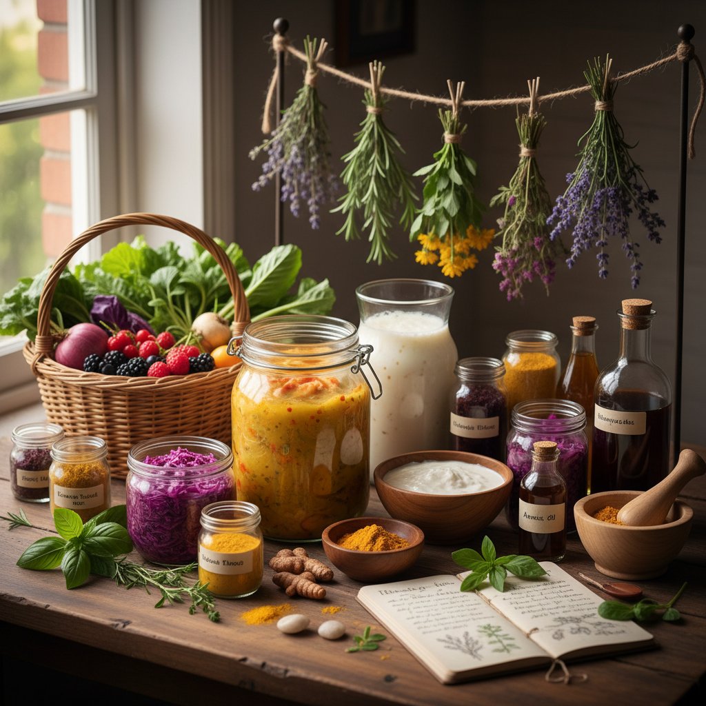 Stół z rozłożonymi ziołami, butelkami domowych mikstur i kiszonkami – „naturalne” produkty do trawienia