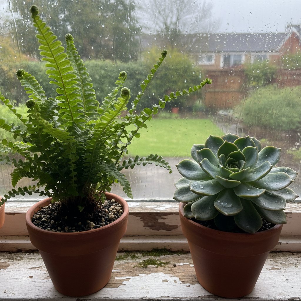 Zdjęcie zbliżenia paproci i sukulentów obok siebie na parapecie