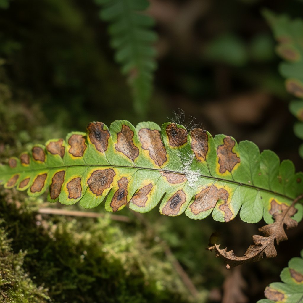 Liść paproci z brązowymi i żółtymi plamami – realny objaw choroby