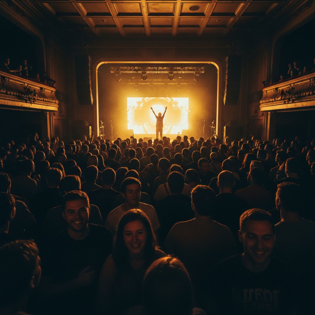Dwie kontrastujące sceny: tłum na dużym koncercie i kameralna grupa w alternatywnej przestrzeni teatralnej