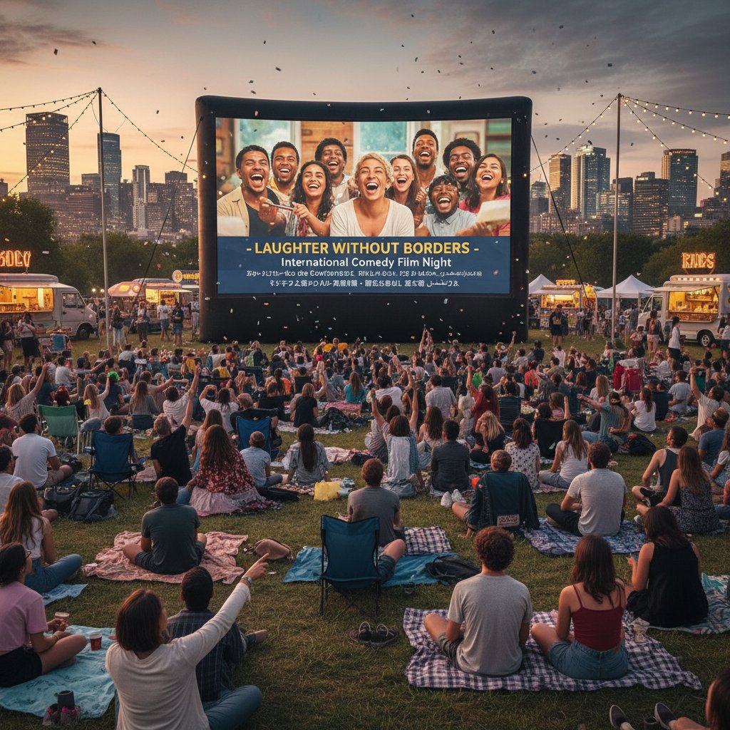 International comedy film night under city lights, featuring festival crowd watching foreign comedy