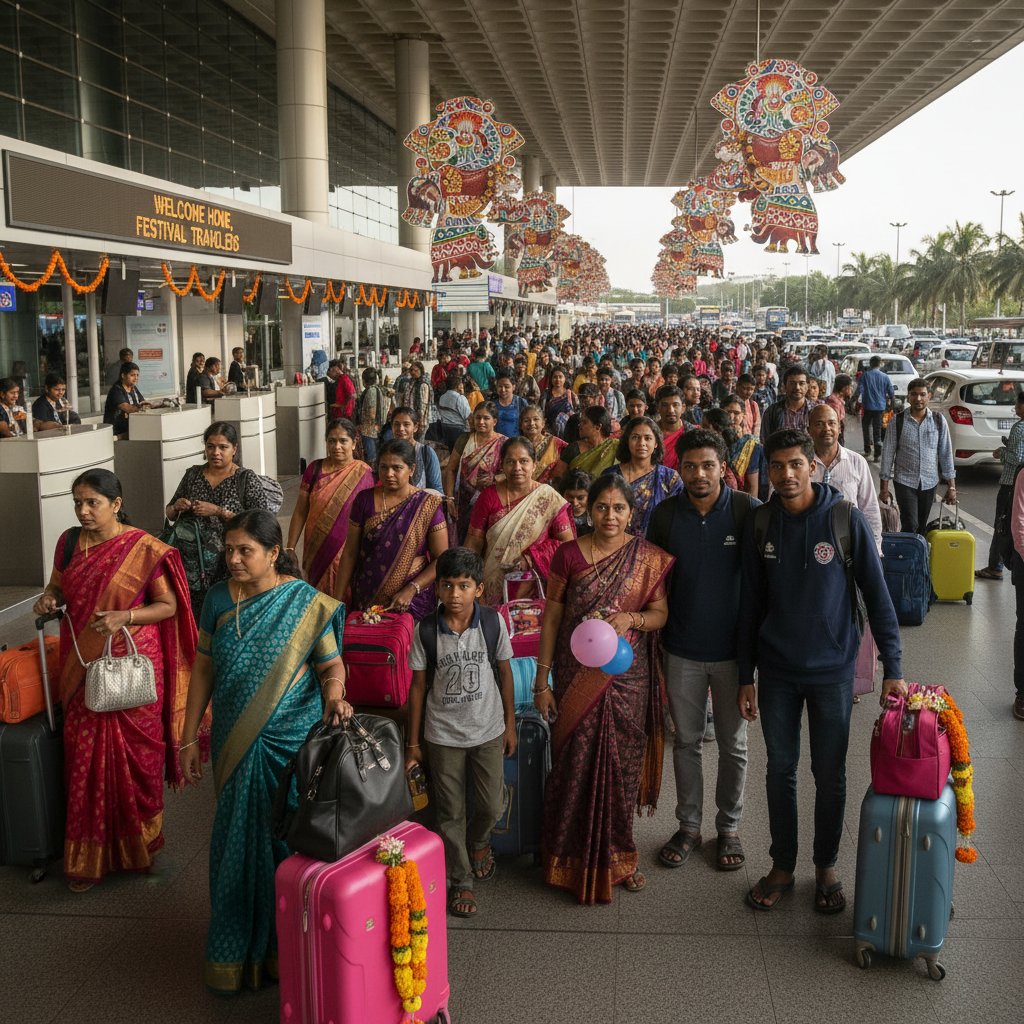 Festival travelers at Coimbatore airport, families and students, colorful attire, festival migration, Coimbatore flights