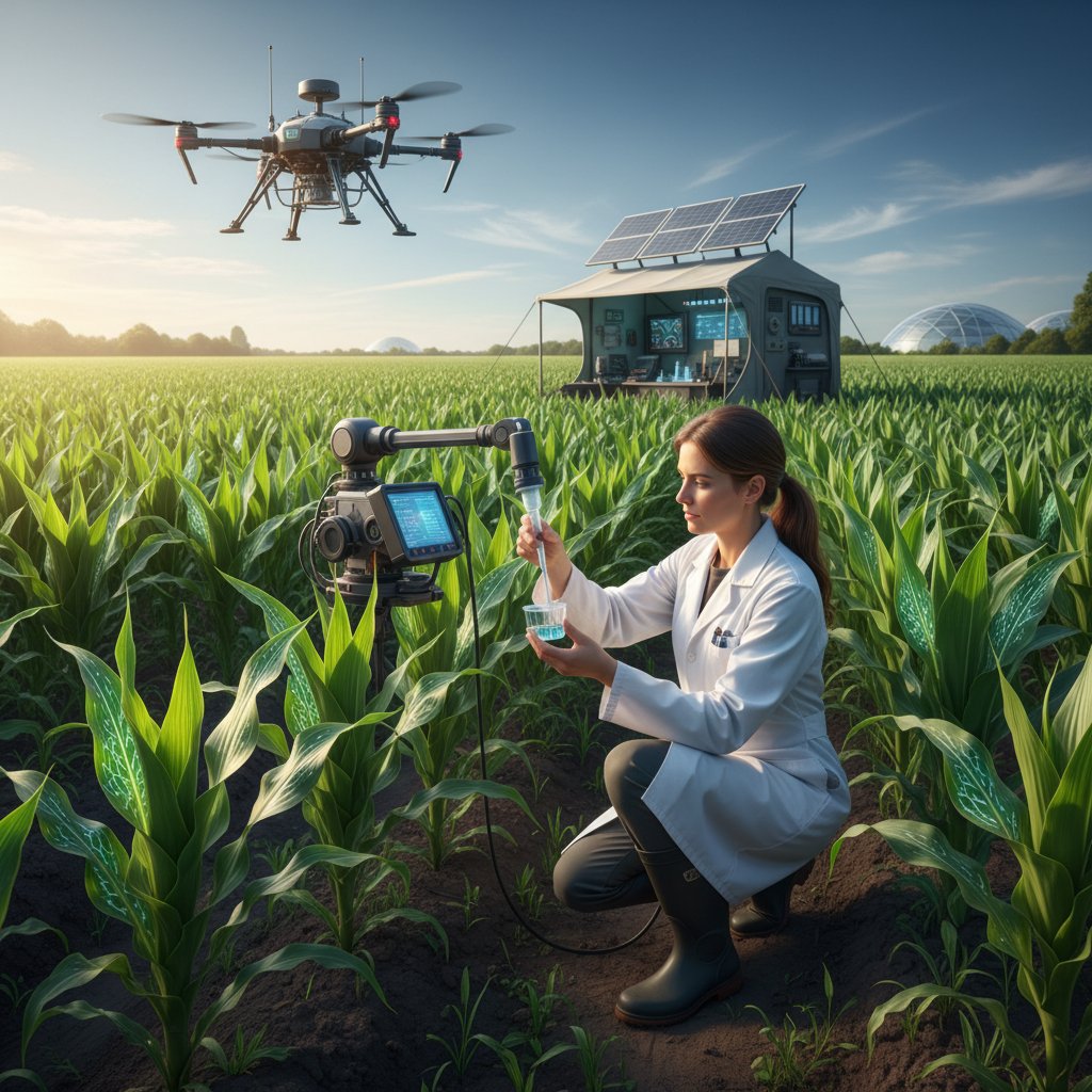 Fotografia pola uprawnego z naukowcem analizującym rośliny pod kątem modyfikacji genetycznych