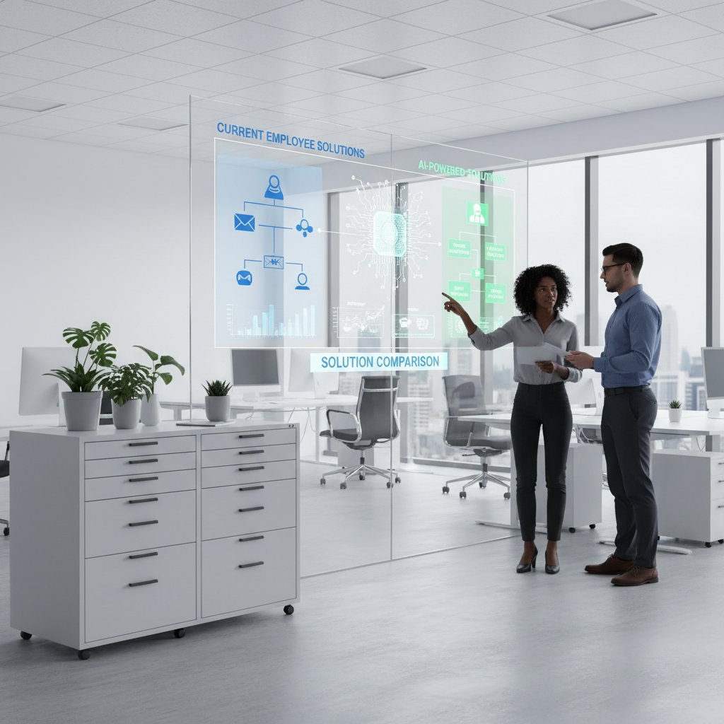 Photo comparing dusty filing cabinet, team at whiteboard, glowing AI interface side by side, representing employee solution comparison