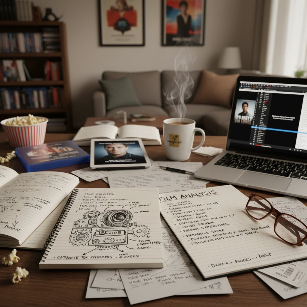 A movie lover analyzing a classic film scene on a laptop, with notes and sketches spread across the table—representing cinematic literacy