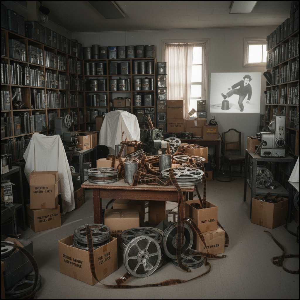 Archive of unedited comedy movie reels, cinematic film archive room, dramatic lighting, labeled 'uncut'