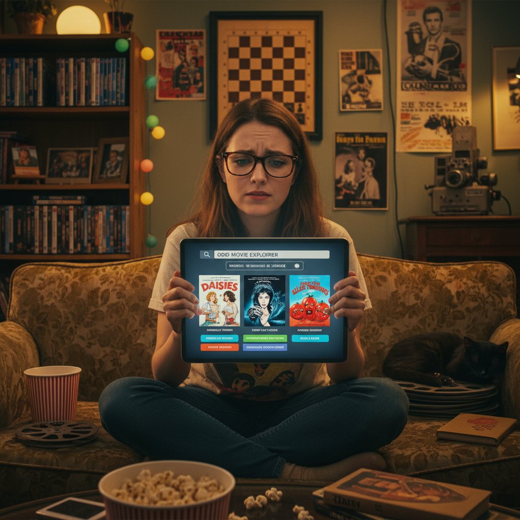 A film buff scratching their head at odd recommendations from a movie app, highlighting algorithmic limitations