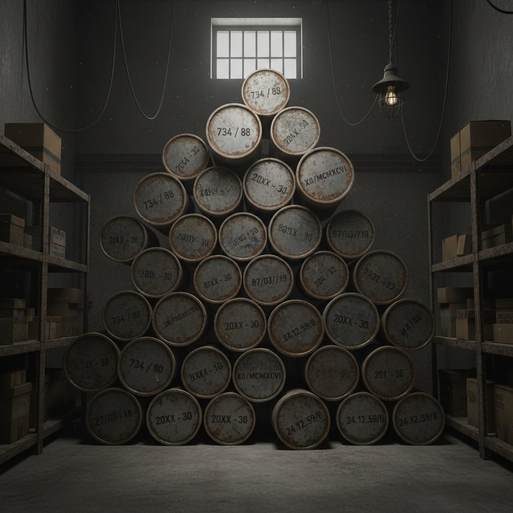 Cinematic photo of film canisters labeled with cryptic years stacked in a dim, industrial vault, embodying intrigue and the legacy of classic surprise ending movies