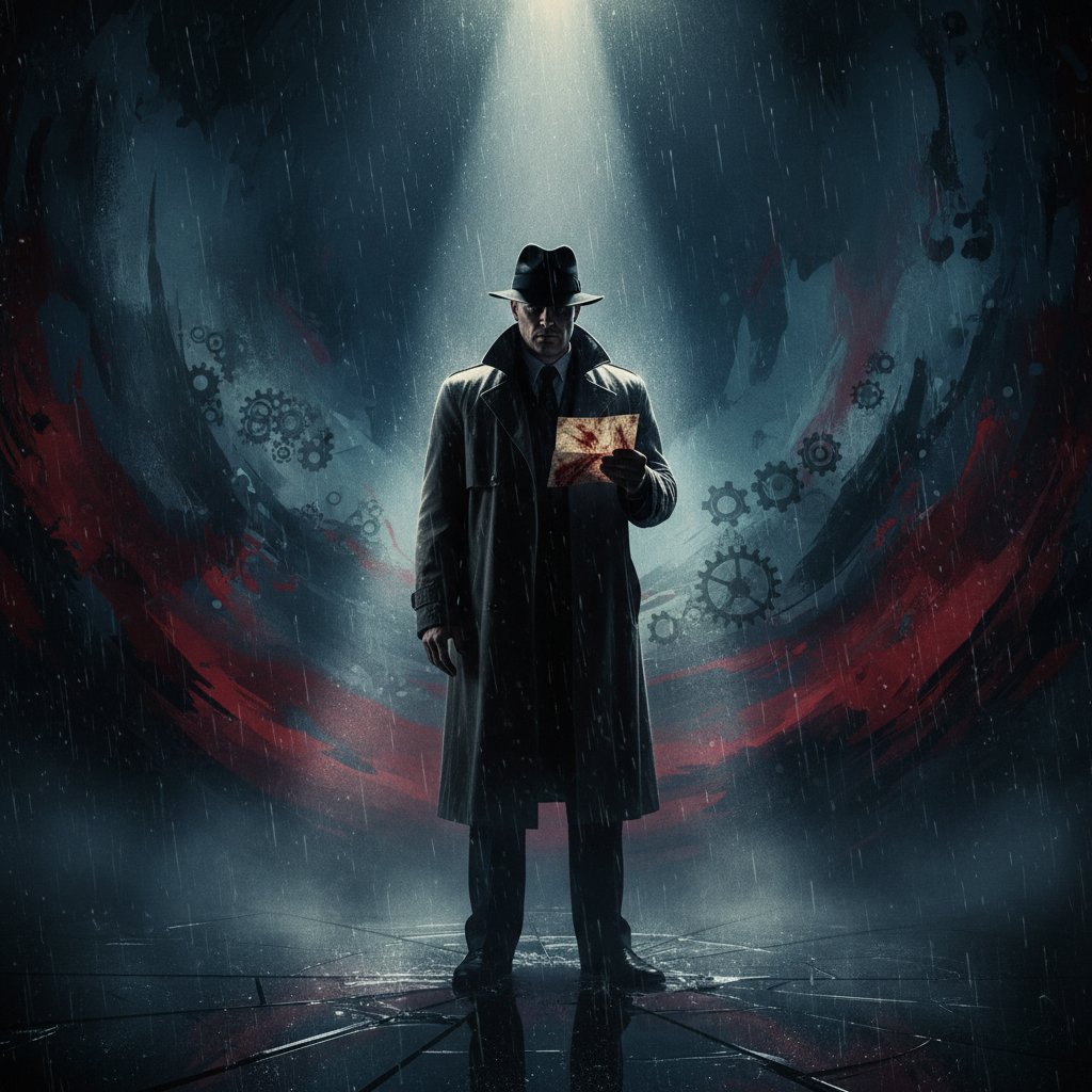 Surreal closeup of a film character frozen in a pivotal moment, abstract background, moody lighting