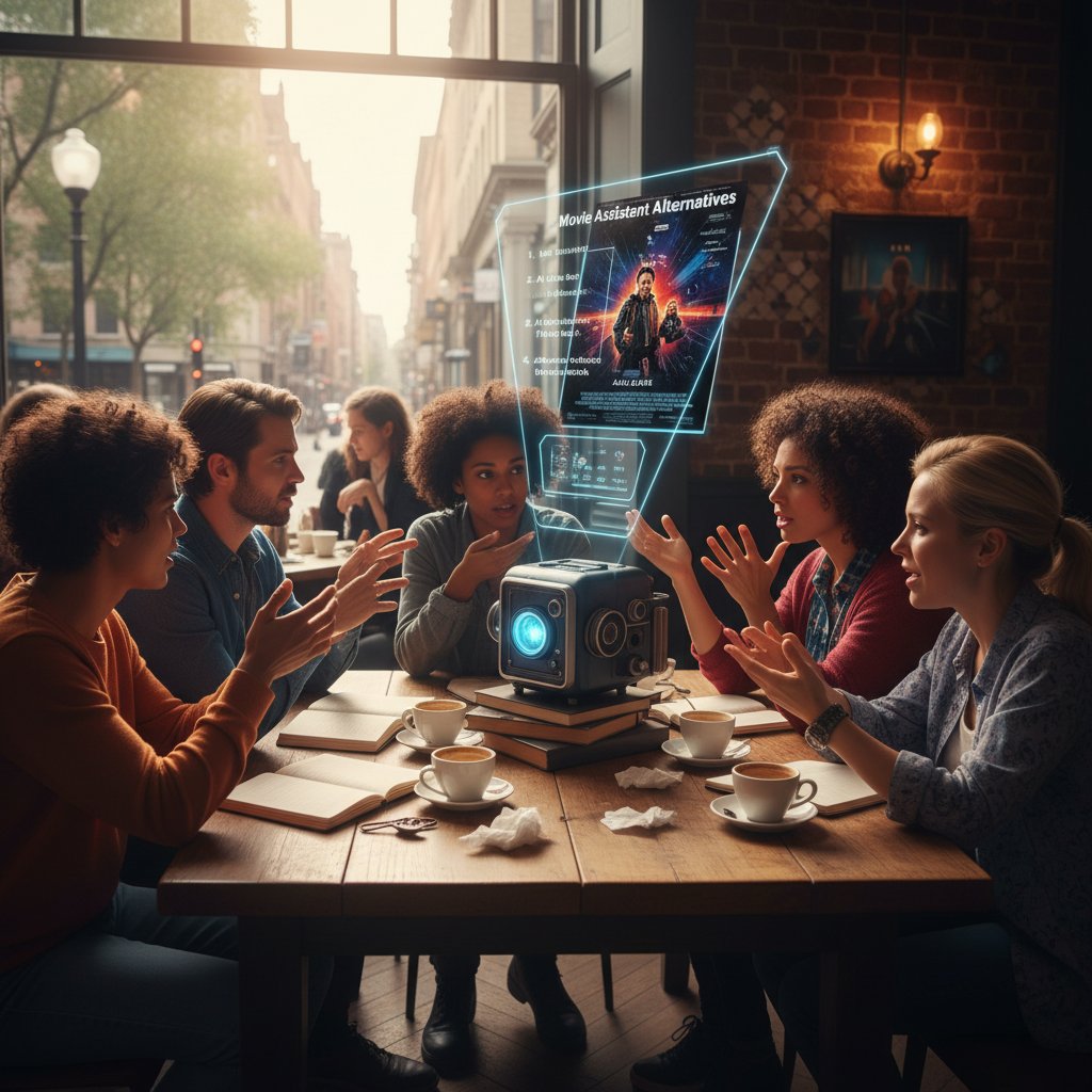 Diverse group at a film club in a city café, energetically debating a cult classic, reflecting the cultural impact of movie assistants