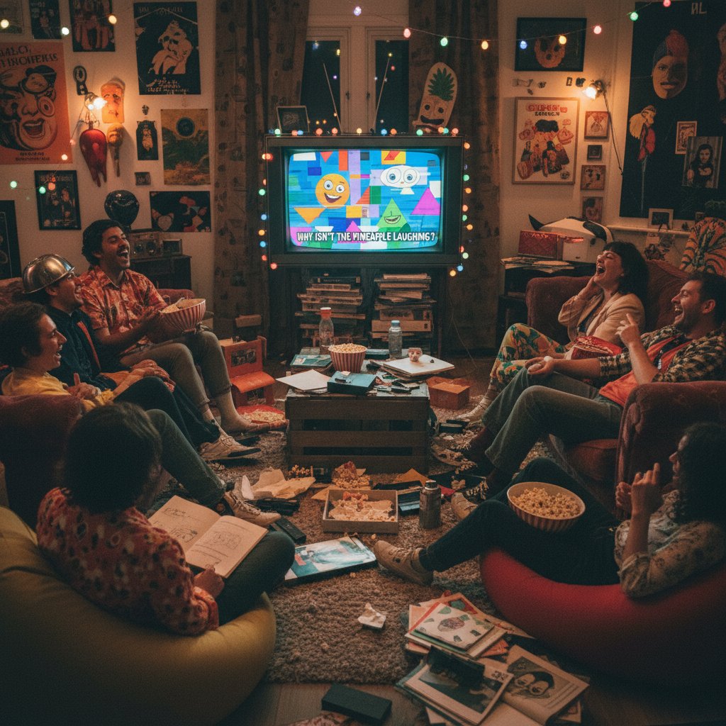 Home film club enjoying a quirky abstract comedy together, film club watching cult comedy in living room