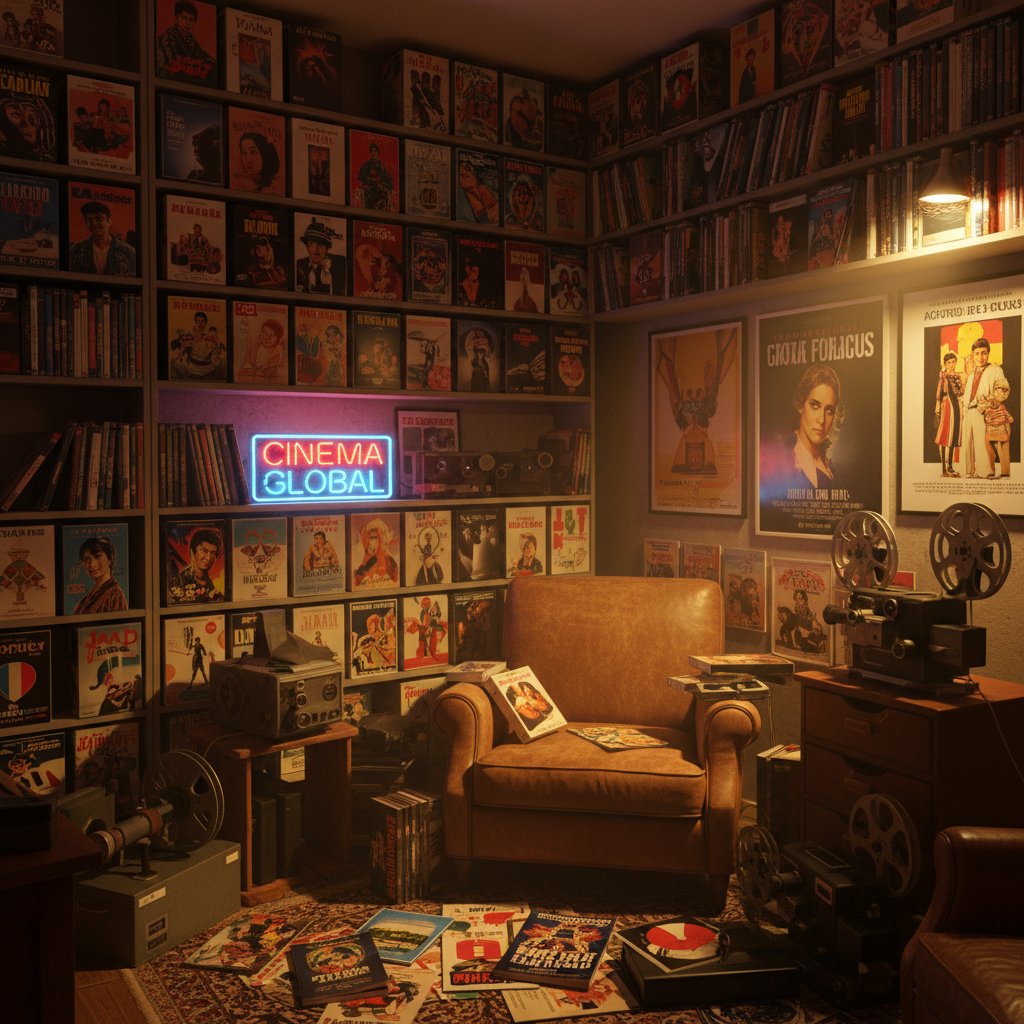 Film collector’s shelf lined with international DVDs, retro lighting, movie international versions