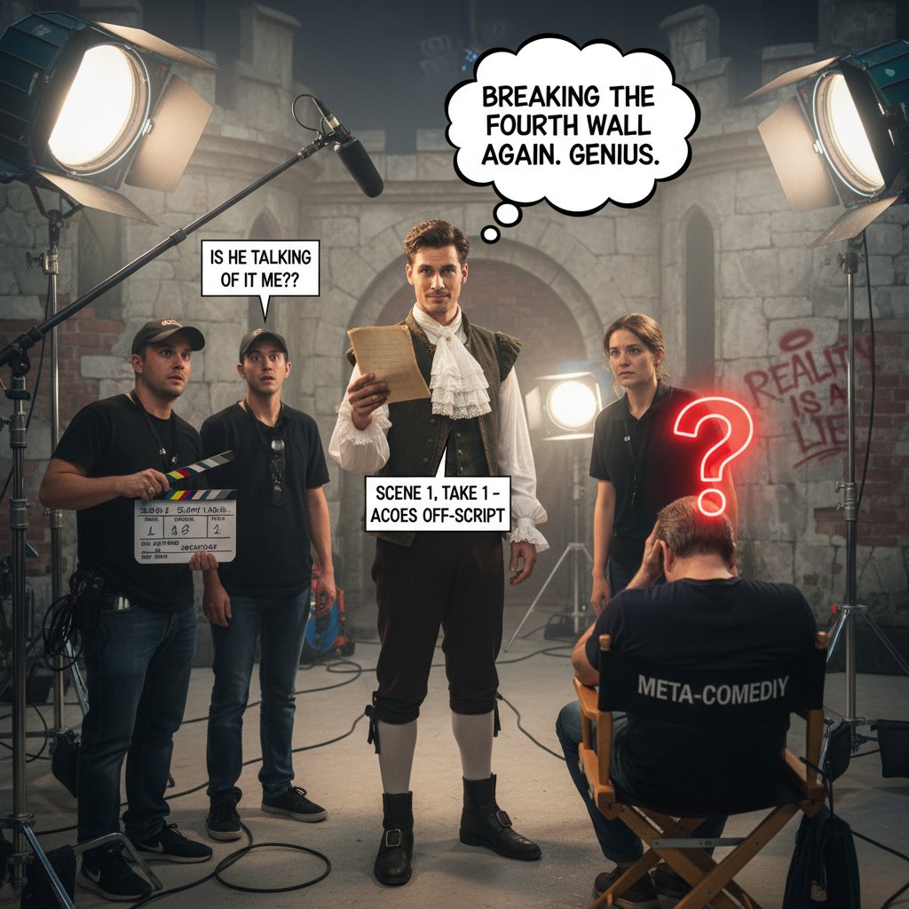 Behind-the-scenes photo of a film crew capturing a comedic scene with an actor holding a script and smiling at the camera