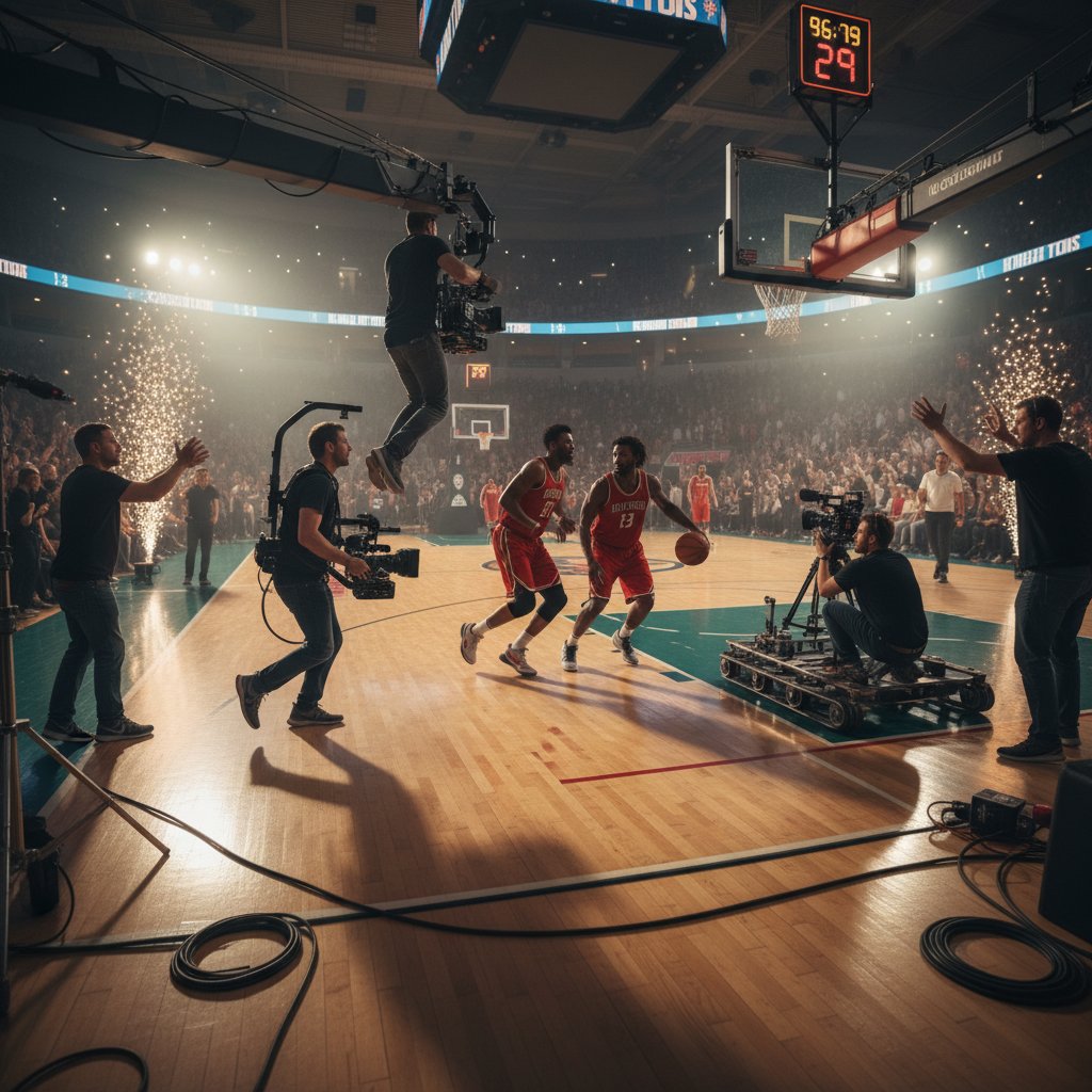 Behind-the-scenes photo of a film crew setting up an intense basketball sequence, high energy, dynamic framing