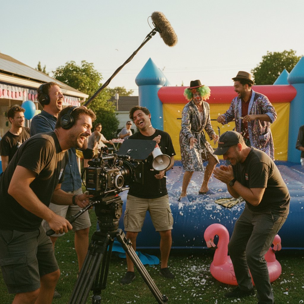 Film crew filming an unscripted comedy moment