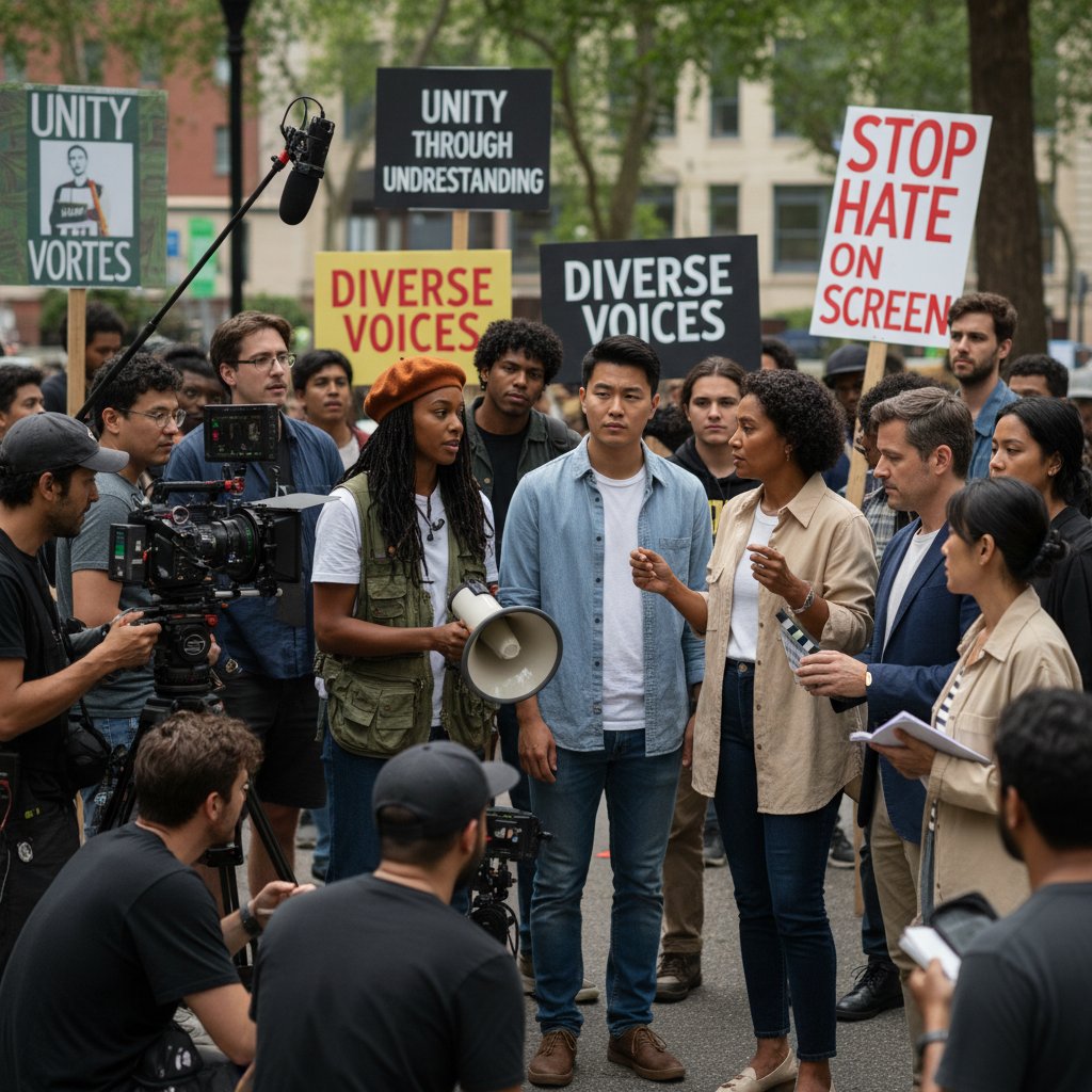 Film crew on set, diverse team, director and actors collaborating on anti-racist story