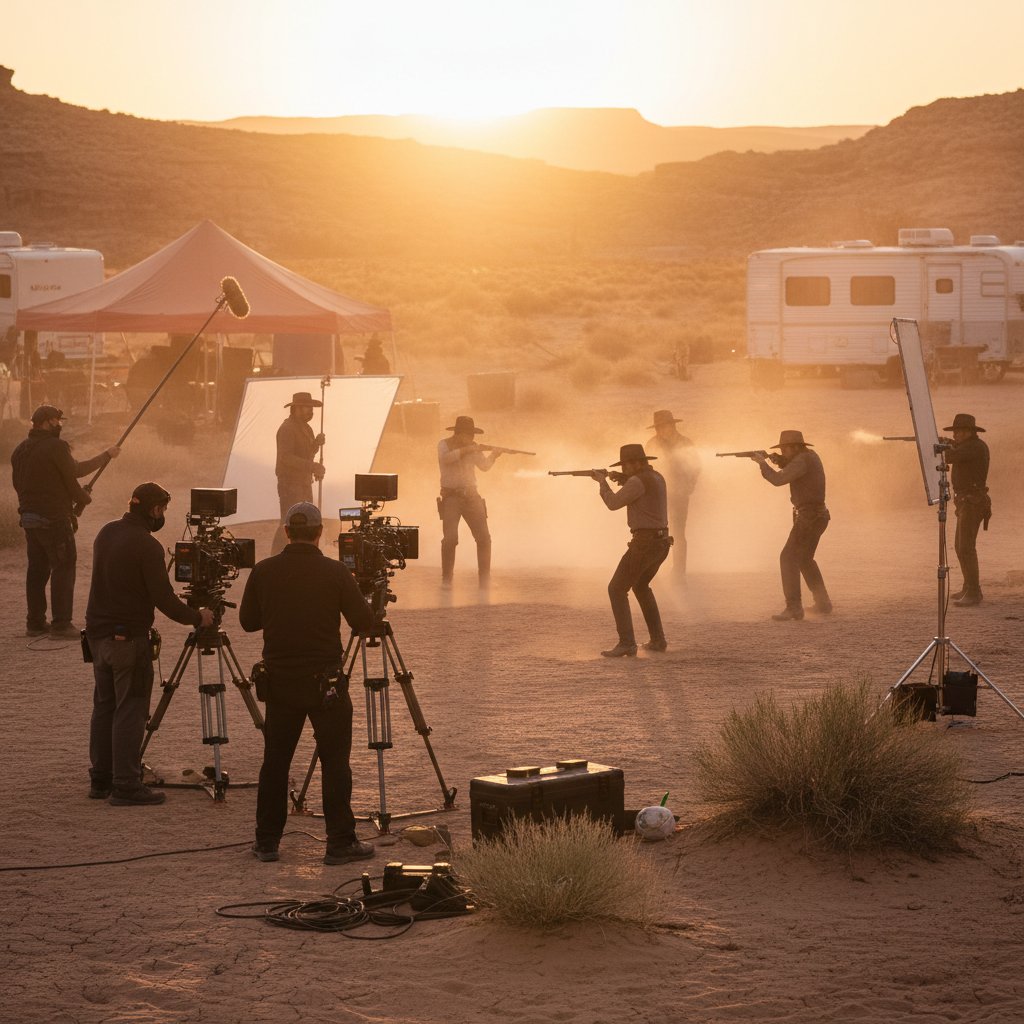 Behind-the-scenes of a contemporary Western, modern film crew capturing a dusty shootout at dawn