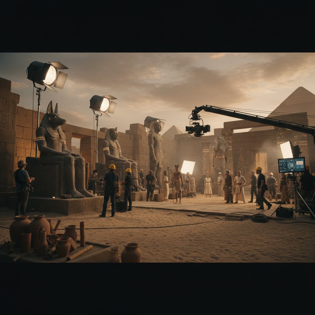 Film crew adjusting lighting and props on an Egyptian mythology movie set, with authentic statues and hieroglyphs