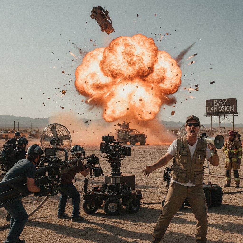 Film crew setting up a pyrotechnic stunt for a michael bay movie, huge explosion mid-shot, action vehicles in frame